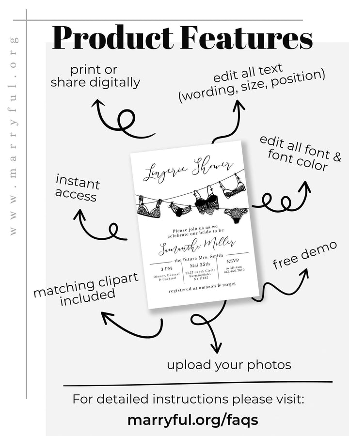 Dessous Lingerie Bridal Shower Invitation Template, Bachelorette Party Invite, Editable Template Digital Download #013 - TheLovebirdsDesign