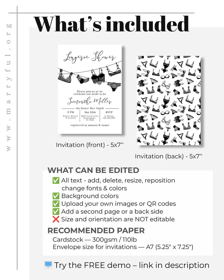 Dessous Lingerie Bridal Shower Invitation Template, Bachelorette Party Invite, Editable Template Digital Download #013 - TheLovebirdsDesign