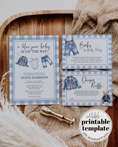 Blue Jean Baby Shower Invitation Set Template, Denim Clothesline Gingham Shower Invite 013JE-BSINV - marryful.org