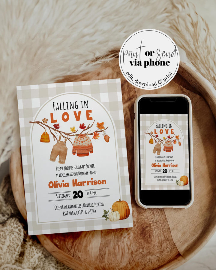 Falling In Love Baby Shower Invitation Template Gender Neutral Fall Baby Shower Invite with Clothesline and Autumn Leaves #068 - TheLovebirdsDesign