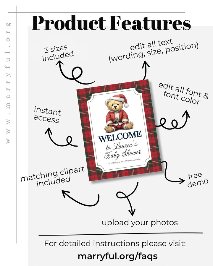 Christmas Teddy Bear Baby Shower Welcome Sign, Vintage Heritage Santa Winter Party Decor Template #068ch - TheLovebirdsDesign