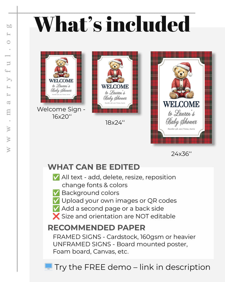 Christmas Teddy Bear Baby Shower Welcome Sign, Vintage Heritage Santa Winter Party Decor Template #068ch - TheLovebirdsDesign