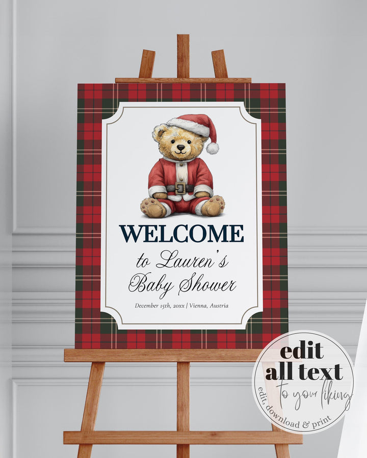 Christmas Teddy Bear Baby Shower Welcome Sign, Vintage Heritage Santa Winter Party Decor Template #068ch - TheLovebirdsDesign