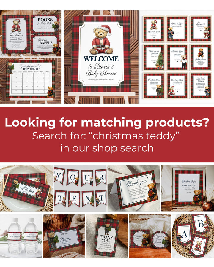 Christmas Teddy Bear Baby Shower Welcome Sign, Vintage Heritage Santa Winter Party Decor Template #068ch - TheLovebirdsDesign