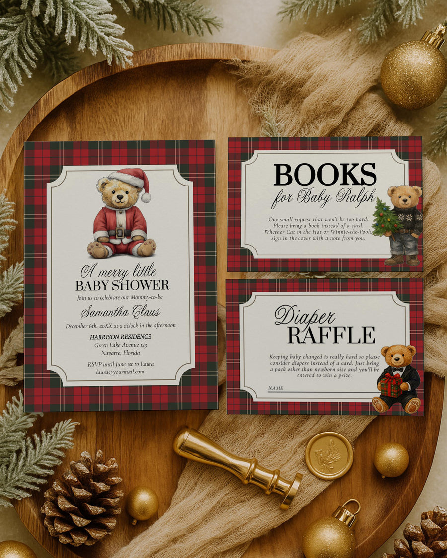 Christmas Bear Baby Shower Invitation Vintage Teddy Theme Holiday Baby Printable Template 068CH-BSINV - marryful.org
