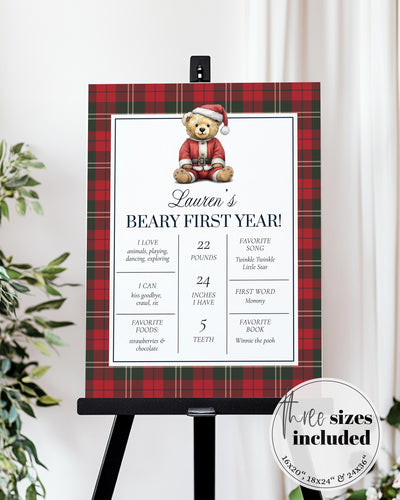 Christmas Teddy Bear First Birthday Milestone Sign Vintage Heritage Winter 1st Birthday with Santa Bear Party Decor Template #068ch - TheLovebirdsDesign