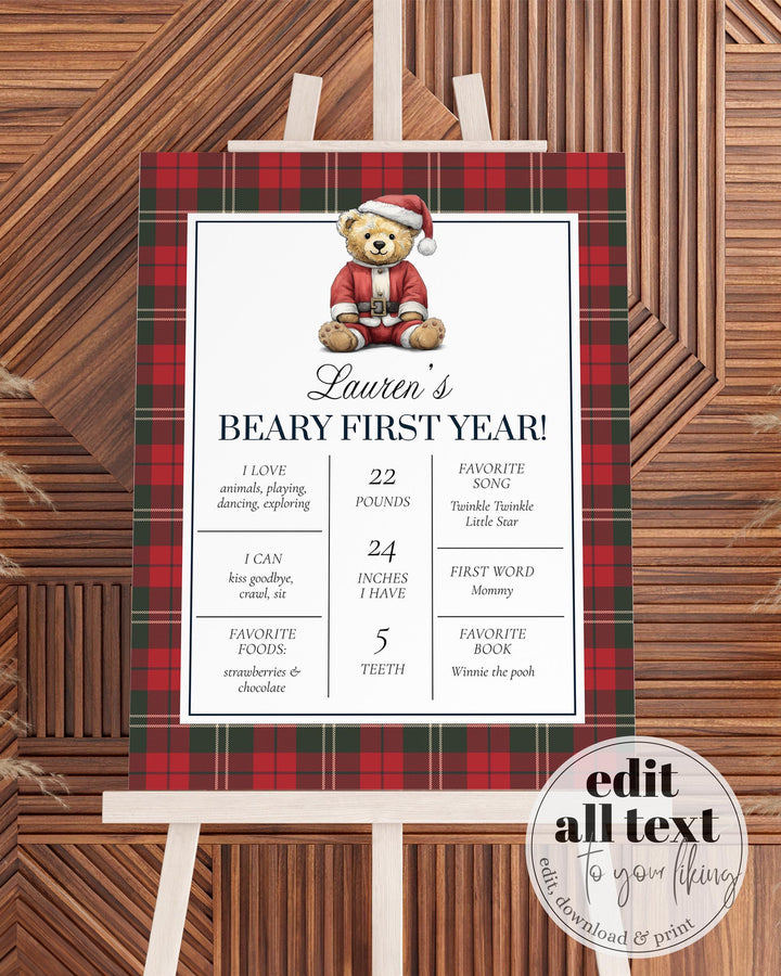 Christmas Teddy Bear First Birthday Milestone Sign Vintage Heritage Winter 1st Birthday with Santa Bear Party Decor Template #068ch - TheLovebirdsDesign