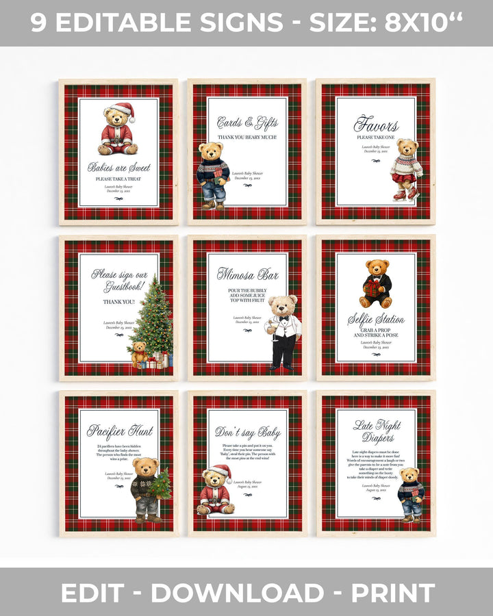 Christmas Bear Baby Shower Template Bundle with Invitation and Decor Vintage Heritage Luxury Baby Shower Bundle Teddy Bear Theme #068ch - TheLovebirdsDesign