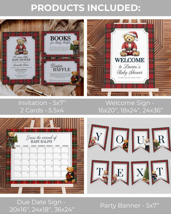Christmas Bear Baby Shower Template Bundle with Invitation and Decor Vintage Heritage Luxury Baby Shower Bundle Teddy Bear Theme #068ch - TheLovebirdsDesign