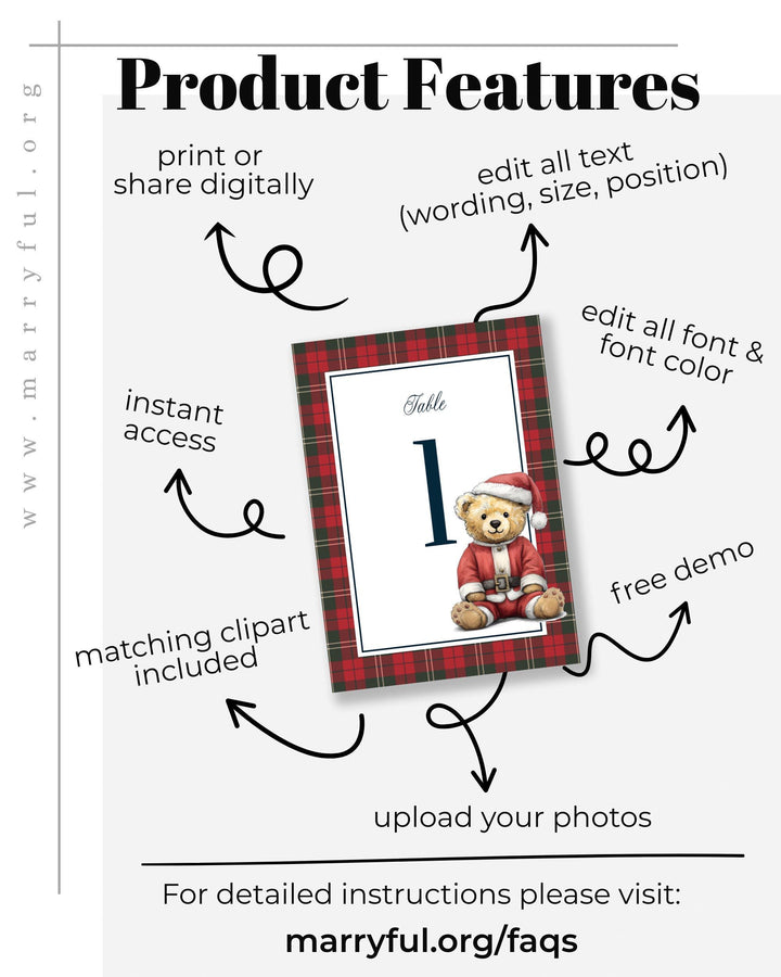 Christmas Teddy Bear Table Numbers Template for Vintage Heritage Baby Shower Decor in Winter #068ch - TheLovebirdsDesign