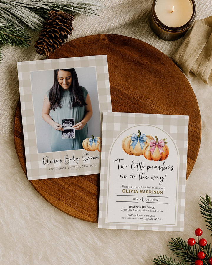 Twin Pumpkin Boy and Girl Baby Shower Invitation Template Little Cutie on the way Fall Baby Shower Invite Suite Pink and Blue #068 - TheLovebirdsDesign