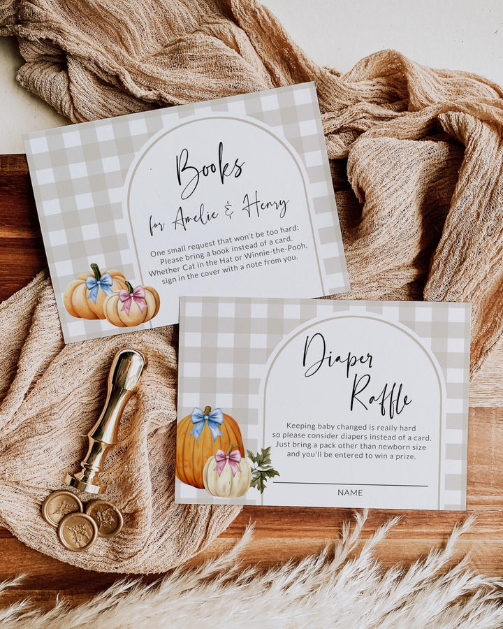 Twin Pumpkin Boy and Girl Baby Shower Invitation Template Little Cutie on the way Fall Baby Shower Invite Suite Pink and Blue #068 - TheLovebirdsDesign
