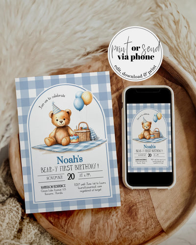 Beary First Birthday Invitation Template, Blue Gingham Teddy Bear Picnic Birthday Invite 098BL-BINV - marryful.org