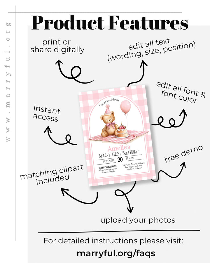 Pink Teddy Bear Picnic First Birthday Invitation Template (Digital Download) #072 - TheLovebirdsDesign