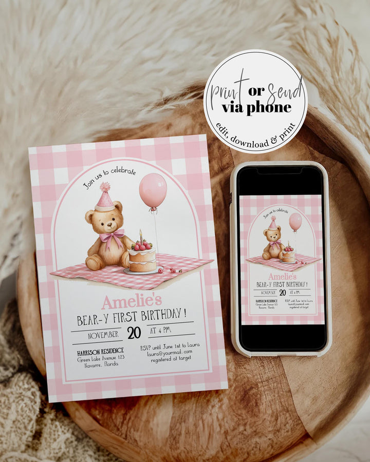 Pink Teddy Bear Picnic First Birthday Invitation Template (Digital Download) #072 - TheLovebirdsDesign