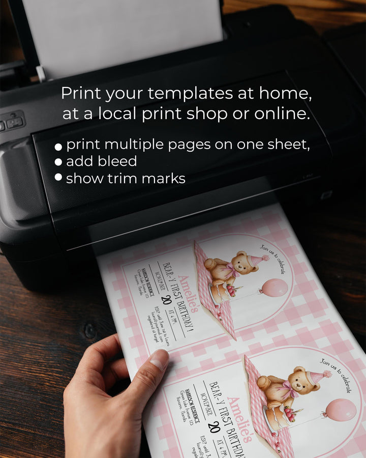 Pink Teddy Bear Picnic First Birthday Invitation Template (Digital Download) #072 - TheLovebirdsDesign