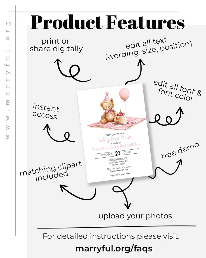 Pink Teddy Bear Picnic 1st Birthday Invitation Template (Digital Download) #072 - TheLovebirdsDesign