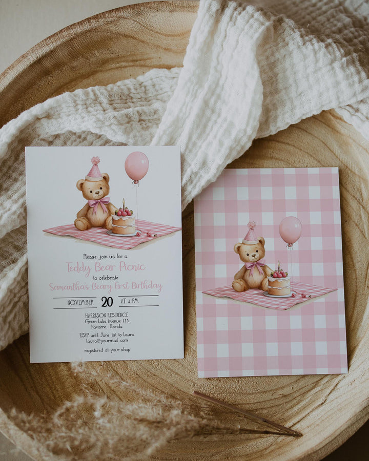 Pink Teddy Bear Picnic 1st Birthday Invitation Template (Digital Download) #072 - TheLovebirdsDesign