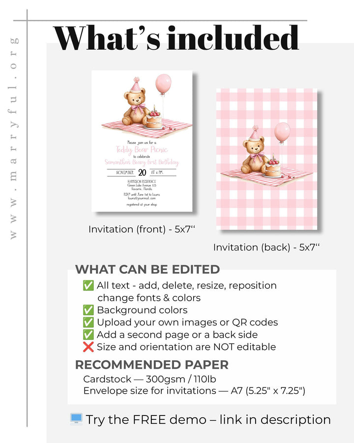 Pink Teddy Bear Picnic 1st Birthday Invitation Template (Digital Download) #072 - TheLovebirdsDesign