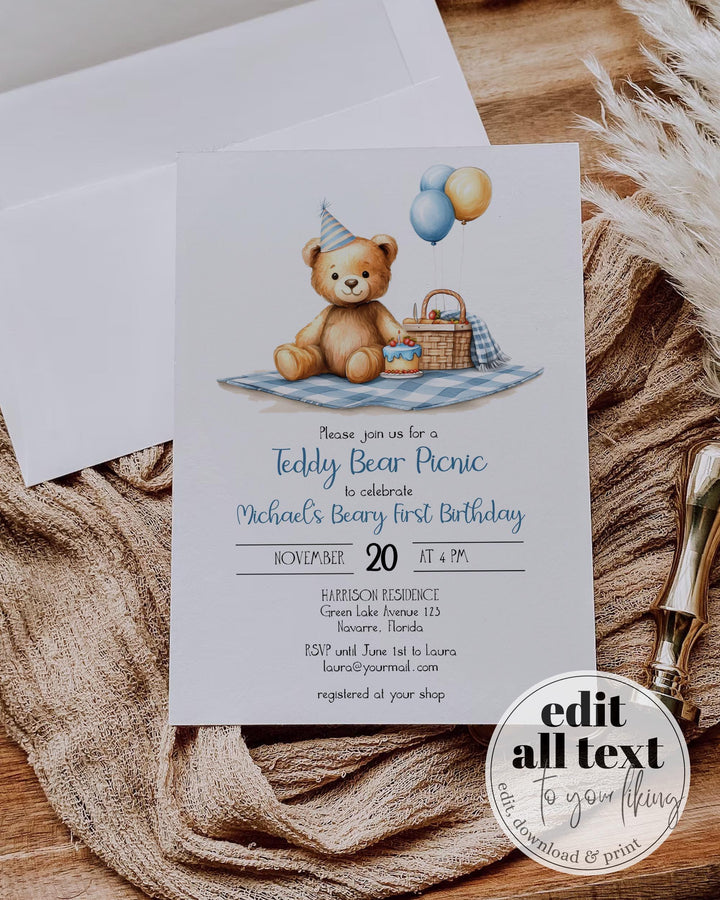 Blue Teddy Bear Picnic 1st Birthday Invitation Template (Digital Download) #072 - TheLovebirdsDesign
