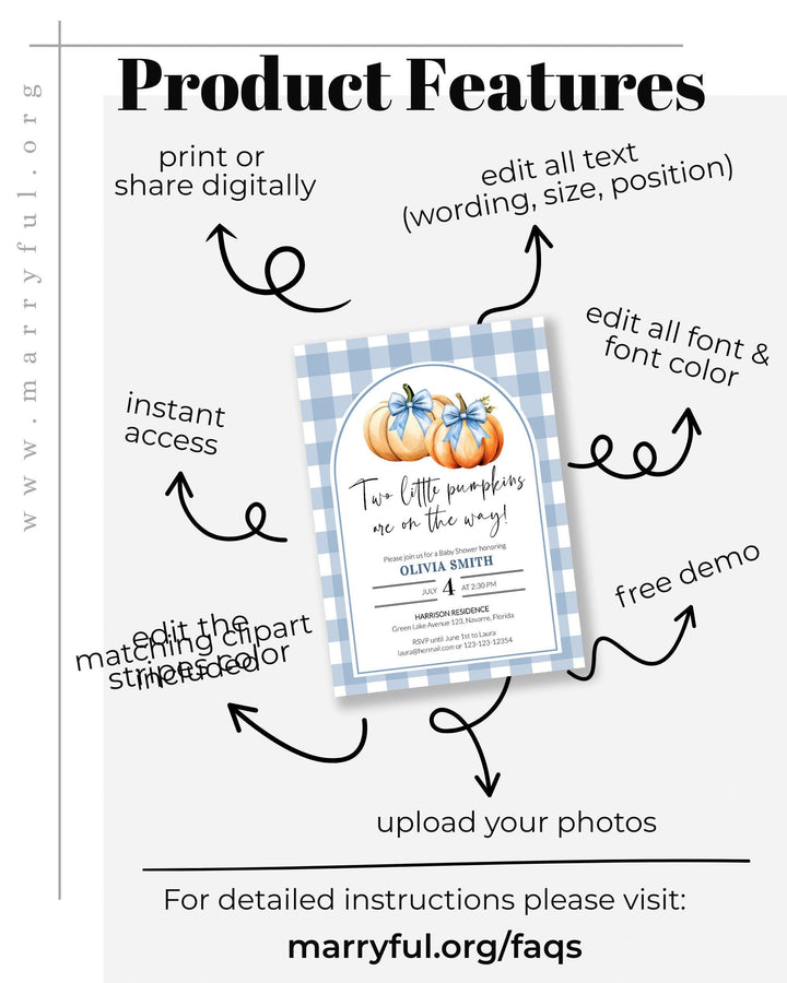 Blue Pumpkin Twin Baby Shower Invitation Template for Boys Two Little Pumpkins are on the Way Fall Baby Brunch Invite #068 - TheLovebirdsDesign