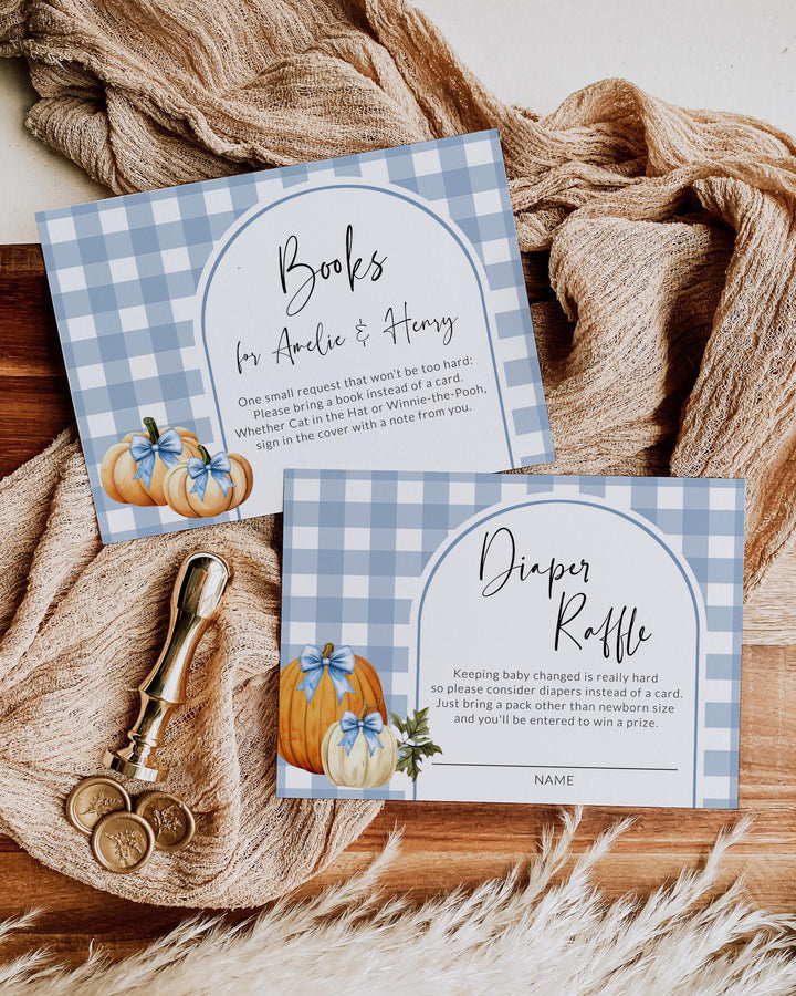 Blue Pumpkin Twin Baby Shower Invitation Template for Boys Two Little Pumpkins are on the Way Fall Baby Brunch Invite #068 - TheLovebirdsDesign