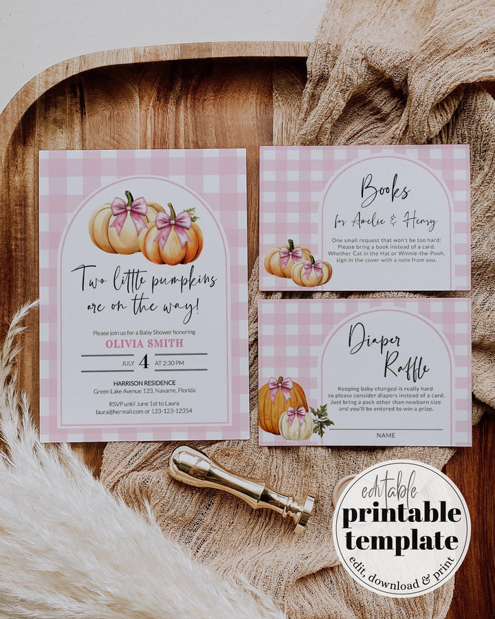 Pink Pumpkin Twin Baby Shower Invitation Suite Template for Girls, Two Little Pumpkins Theme for Fall Baby Brunch #068 - TheLovebirdsDesign
