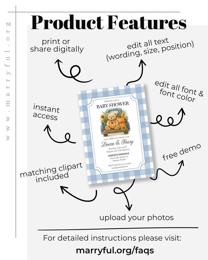 Fall Pumpkin Bear on Truck Baby Shower Invitation and Decor Bundle for Boys Thanksgiving Baby Party Template Bundle #068pu - TheLovebirdsDesign