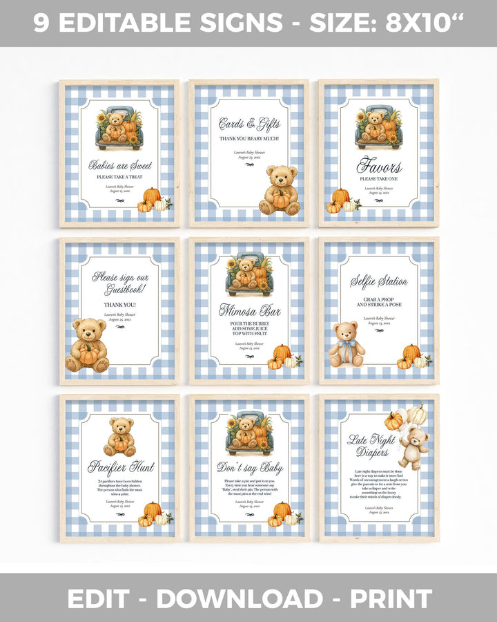 Fall Pumpkin Bear on Truck Baby Shower Invitation and Decor Bundle for Boys Thanksgiving Baby Party Template Bundle #068pu - TheLovebirdsDesign