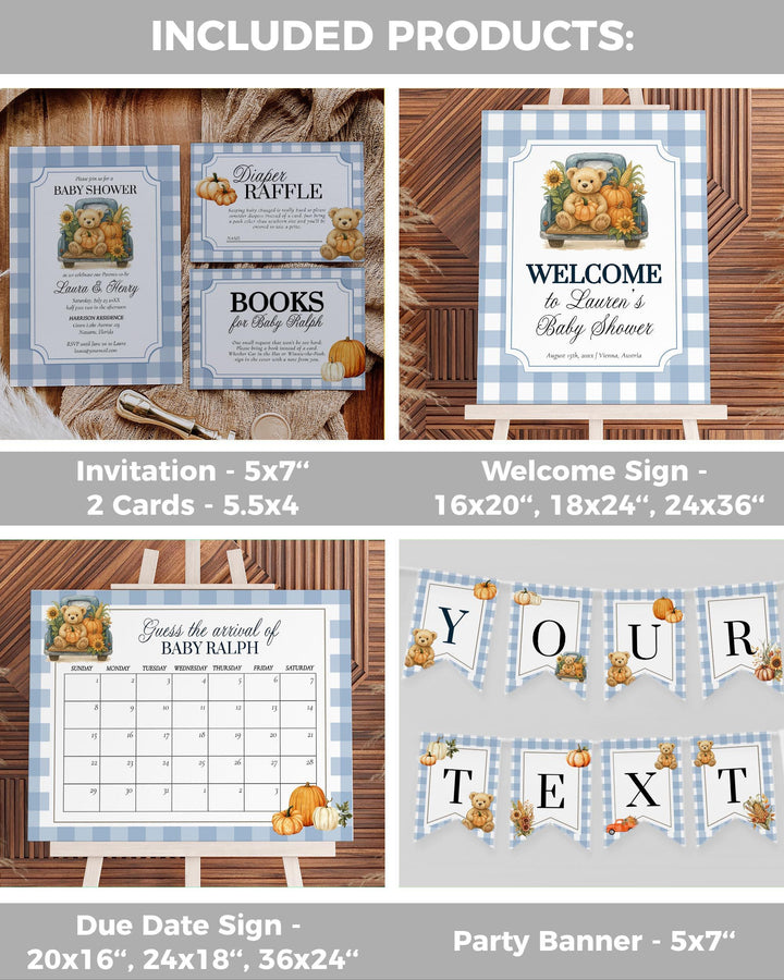 Fall Pumpkin Bear on Truck Baby Shower Invitation and Decor Bundle for Boys Thanksgiving Baby Party Template Bundle #068pu - TheLovebirdsDesign