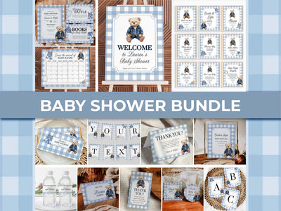 Blue Jeans Teddy Bear Baby Shower Template Bundle for Boys Printable Vintage Polo Teddy Bear Invitation Suite #068je - TheLovebirdsDesign