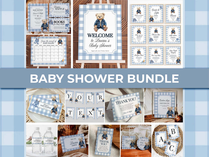 Blue Jeans Teddy Bear Baby Shower Template Bundle for Boys Printable Vintage Polo Teddy Bear Invitation Suite #068je - TheLovebirdsDesign