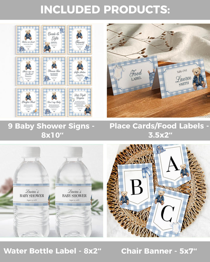 Blue Jeans Teddy Bear Baby Shower Template Bundle for Boys Printable Vintage Polo Teddy Bear Invitation Suite #068je - TheLovebirdsDesign