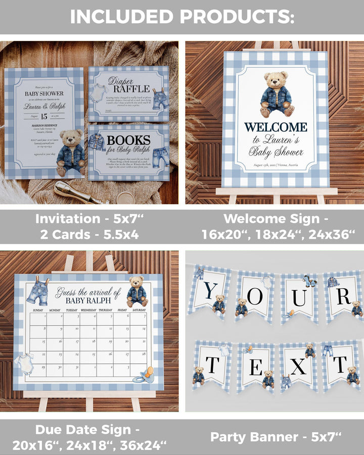 Blue Jeans Teddy Bear Baby Shower Template Bundle for Boys Printable Vintage Polo Teddy Bear Invitation Suite #068je - TheLovebirdsDesign