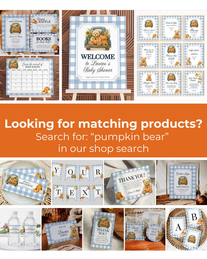 Fall Pumpkin Bear Baby Shower Invitation for Boys on a Truck – Thanksgiving Baby Shower Invite Template Blue Orange Teddy Bear Theme #068pu - TheLovebirdsDesign