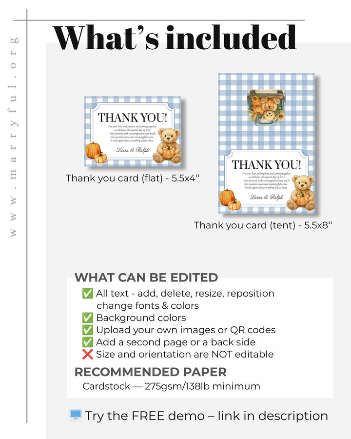 Fall Pumpkin Bear on Truck Thank you Card Template for Boys Blue Thanksgiving Baby Shower or First Birthday Thank You Note #068pu - TheLovebirdsDesign