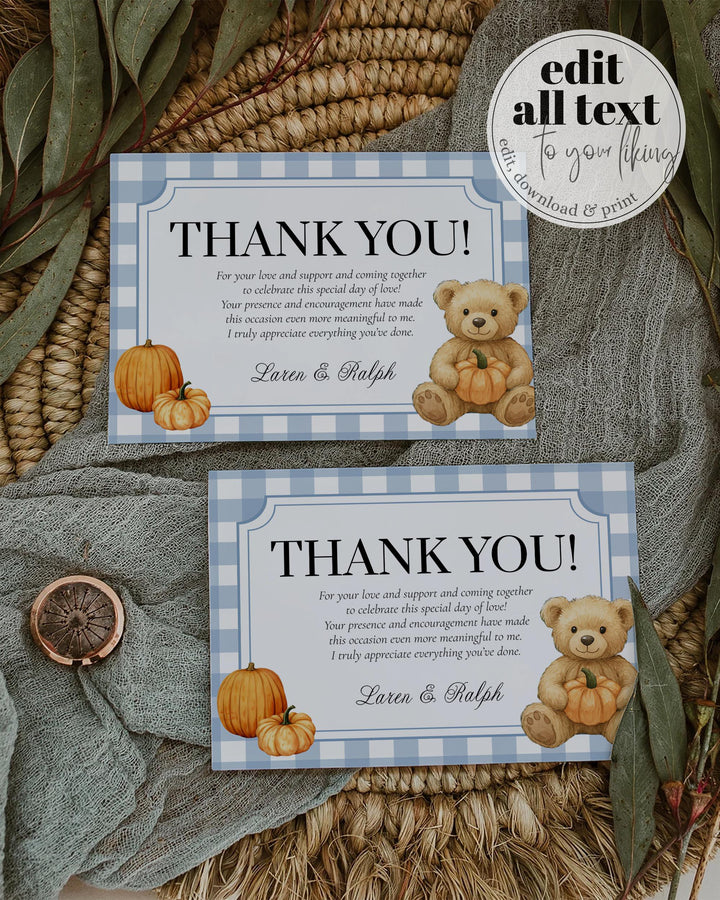 Fall Pumpkin Bear on Truck Thank you Card Template for Boys Blue Thanksgiving Baby Shower or First Birthday Thank You Note #068pu - TheLovebirdsDesign