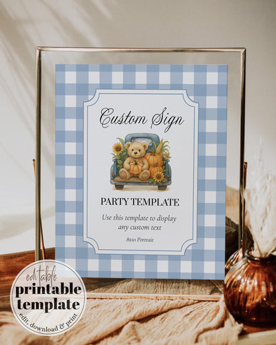 Fall Pumpkin Bear on Truck Custom Sign Template for Boys Blue Thanksgiving Baby Shower or First Birthday Custom Decor Signage #068pu - TheLovebirdsDesign
