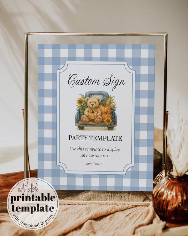 Fall Pumpkin Bear on Truck Custom Sign Template for Boys Blue Thanksgiving Baby Shower or First Birthday Custom Decor Signage #068pu - TheLovebirdsDesign