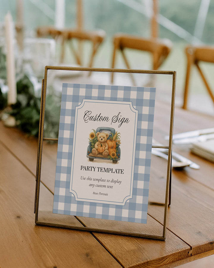 Fall Pumpkin Bear on Truck Custom Sign Template for Boys Blue Thanksgiving Baby Shower or First Birthday Custom Decor Signage #068pu - TheLovebirdsDesign