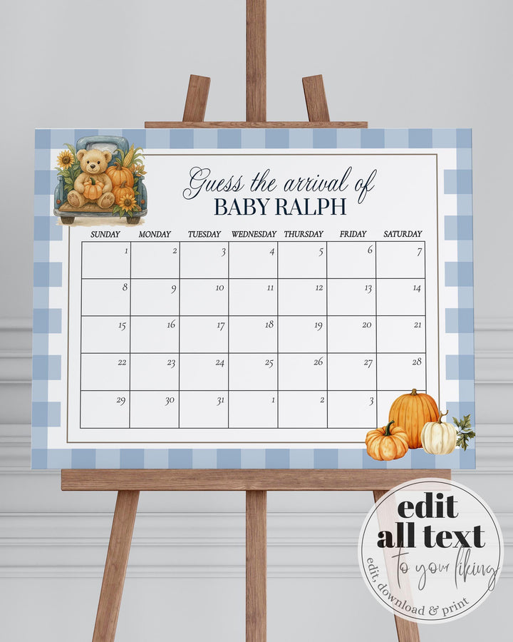 Fall Pumpkin Bear on Truck Due Date Sign Template for Boys Blue Thanksgiving Baby Shower Guess Baby Arrival Game Sign #068pu - TheLovebirdsDesign