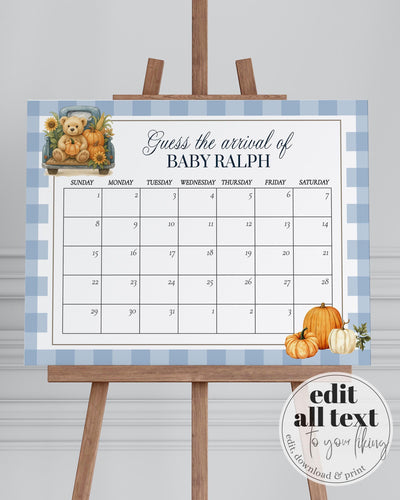 Fall Pumpkin Bear on Truck Due Date Sign Template for Boys Blue Thanksgiving Baby Shower Guess Baby Arrival Game Sign #068pu - TheLovebirdsDesign