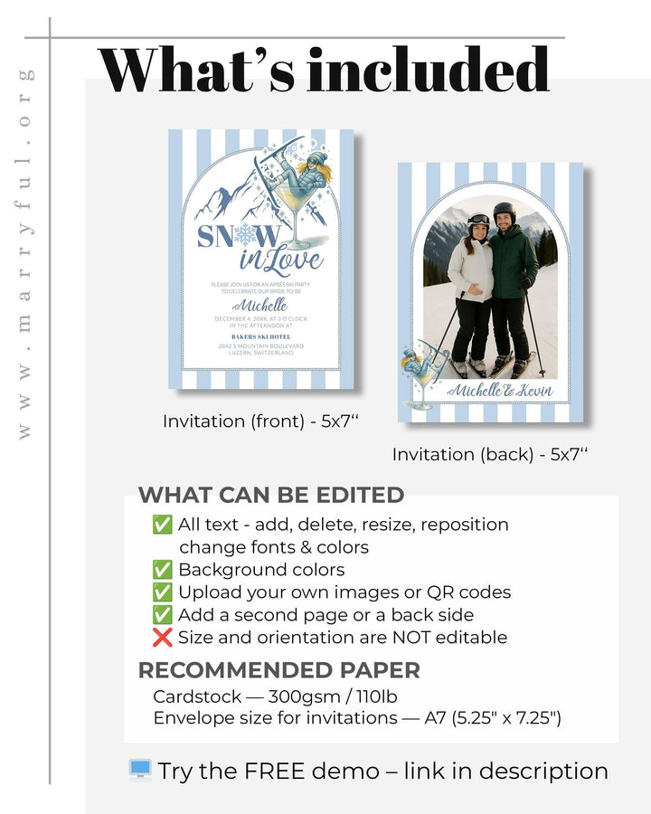 Apres Ski Bridal Shower Invitation for Winter Bridal Party in Mountains Cocktail Glass Skiing Invite Template #072 - TheLovebirdsDesign