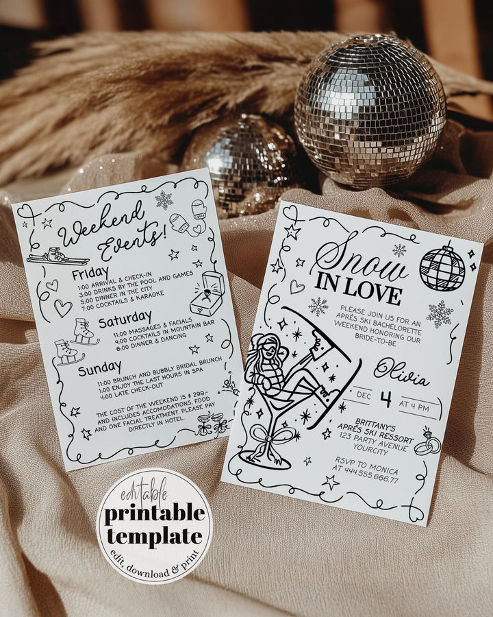 Apres Ski Bachelorette Itinerary Template Snow in Love Winter Bach Party in the Mountain Ski Ressort #070 - TheLovebirdsDesign