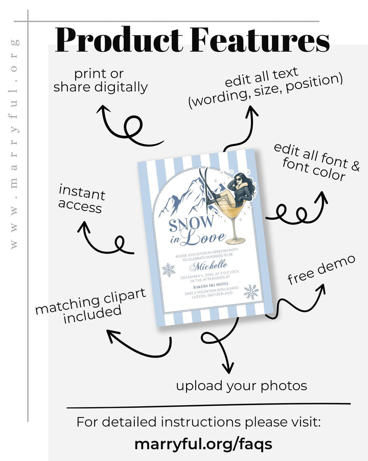 Winter Snow in Love Bridal Shower Invitation Template Downloadable Apres Ski Invite for Bridal Party in the Mountains #072 - TheLovebirdsDesign