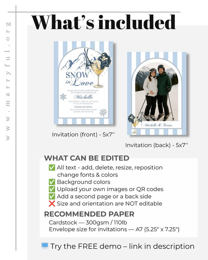Winter Snow in Love Bridal Shower Invitation Template Downloadable Apres Ski Invite for Bridal Party in the Mountains #072 - TheLovebirdsDesign