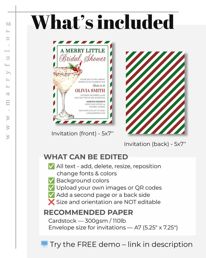 Merry Little Bridal Shower Invitation Red and Green Cocktail Invite Template for Christmas Bridal Shower in December #072 - TheLovebirdsDesign