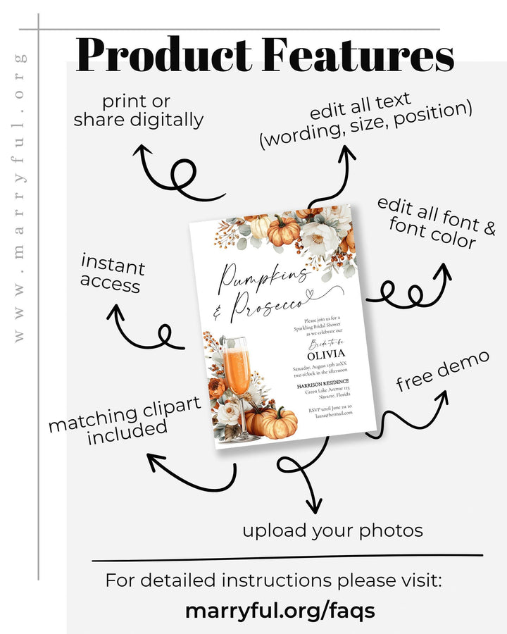 Pumpkins and Prosecco Bridal Shower Invitation Template for a Floral Fall in Love Bridal Brunch #072 - TheLovebirdsDesign