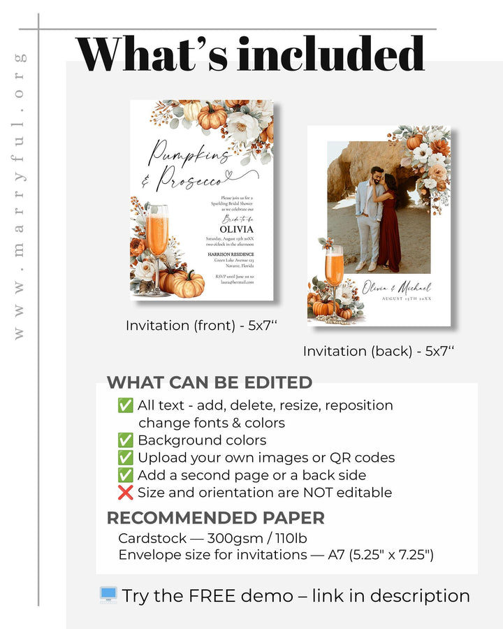 Pumpkins and Prosecco Bridal Shower Invitation Template for a Floral Fall in Love Bridal Brunch #072 - TheLovebirdsDesign