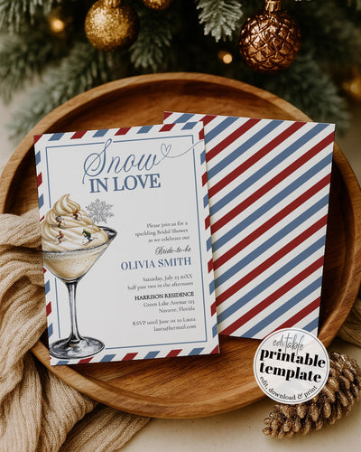 Snow in Love Bridal Shower Invitation Template with Aprés Ski Martini for a Winter Bridal Shower in December before Christmas #072 - TheLovebirdsDesign